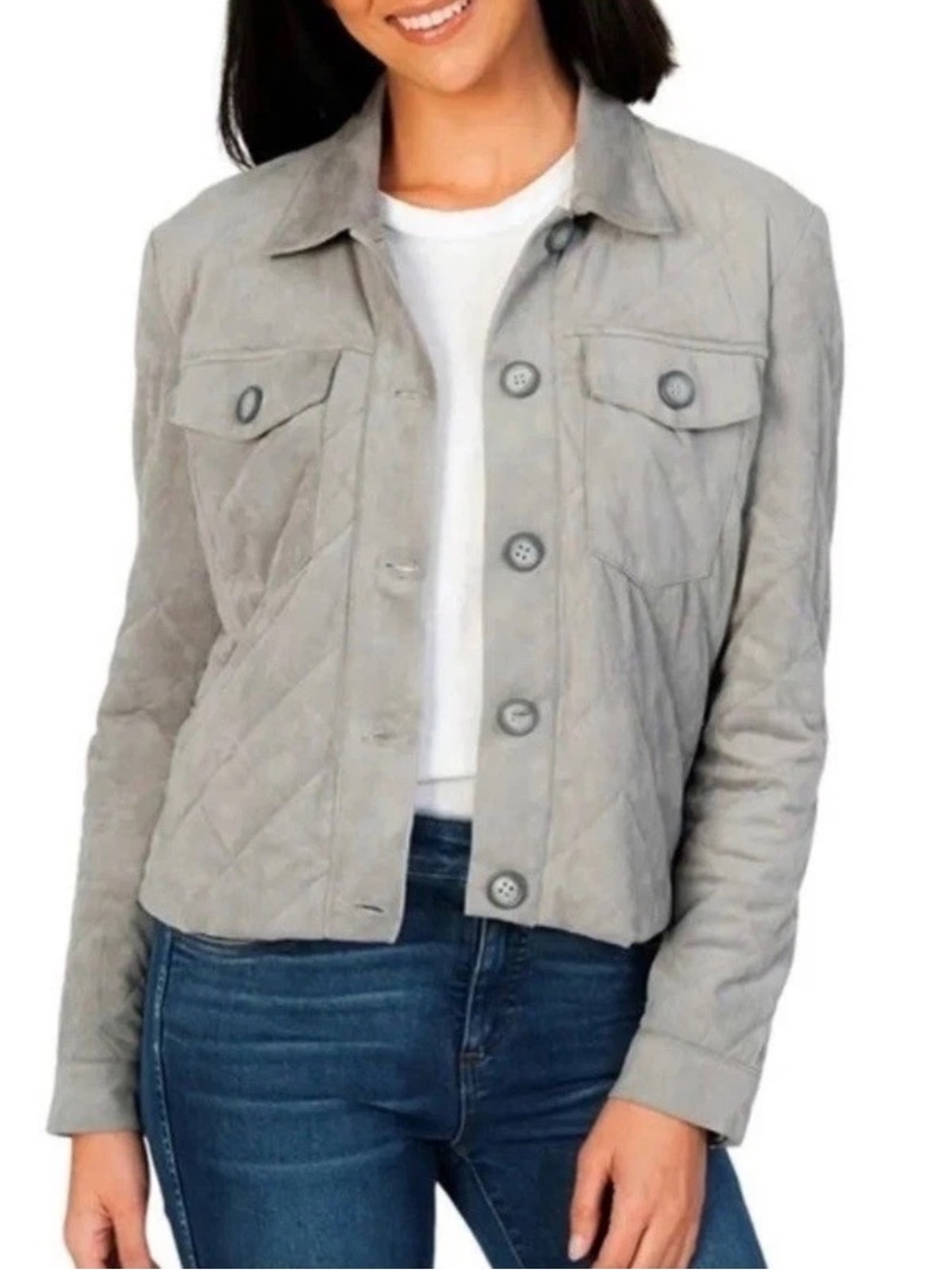 Kut from the Kloth Jacket XL Gray Faux Suede Diamond Quilted Button-Up Pockets
